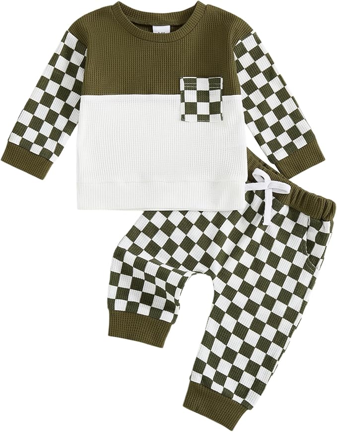 Toddler Baby Boy Fall Clothes Waffle Outfit Long Sleeve Color Blocking Sweatshirt Pullover Jogger Pant Set