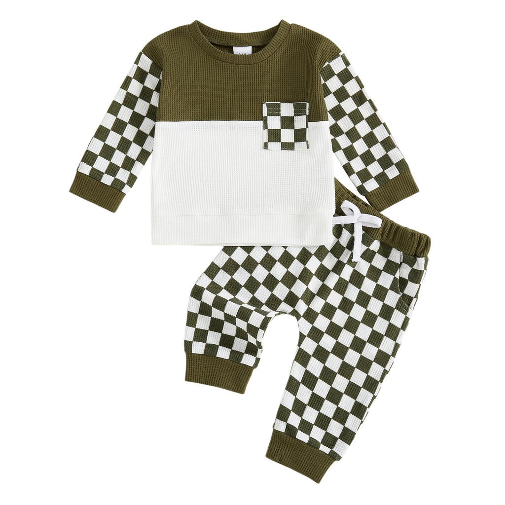 Fufuriprefer Toddler Baby Boy Fall Clothes Waffle outfit Long Sleeve Top Jogger Pant Set (B-Army Green, 12-18 Months)