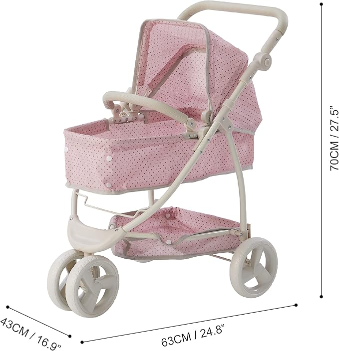Olivia's Little World 2-in-1 Convertible Baby Doll Stroller with Retractable Canopy, All-Terrain Wheels, and Adjustable Handle, Cream and Pink with Gray Polka Dots