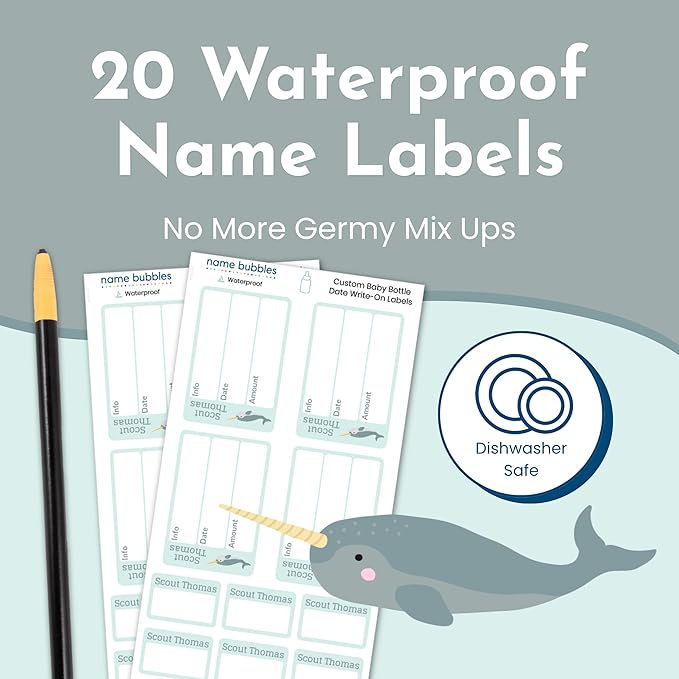 Name Bubbles - Reusable Baby Bottle Labels for Daycare (20 Labels) - Kids Washable Name Tags for Bottles, Sippy Cups, & Snack Containers, Waterproof, Baby Name Stickers, Write-On (Zoo Animals)