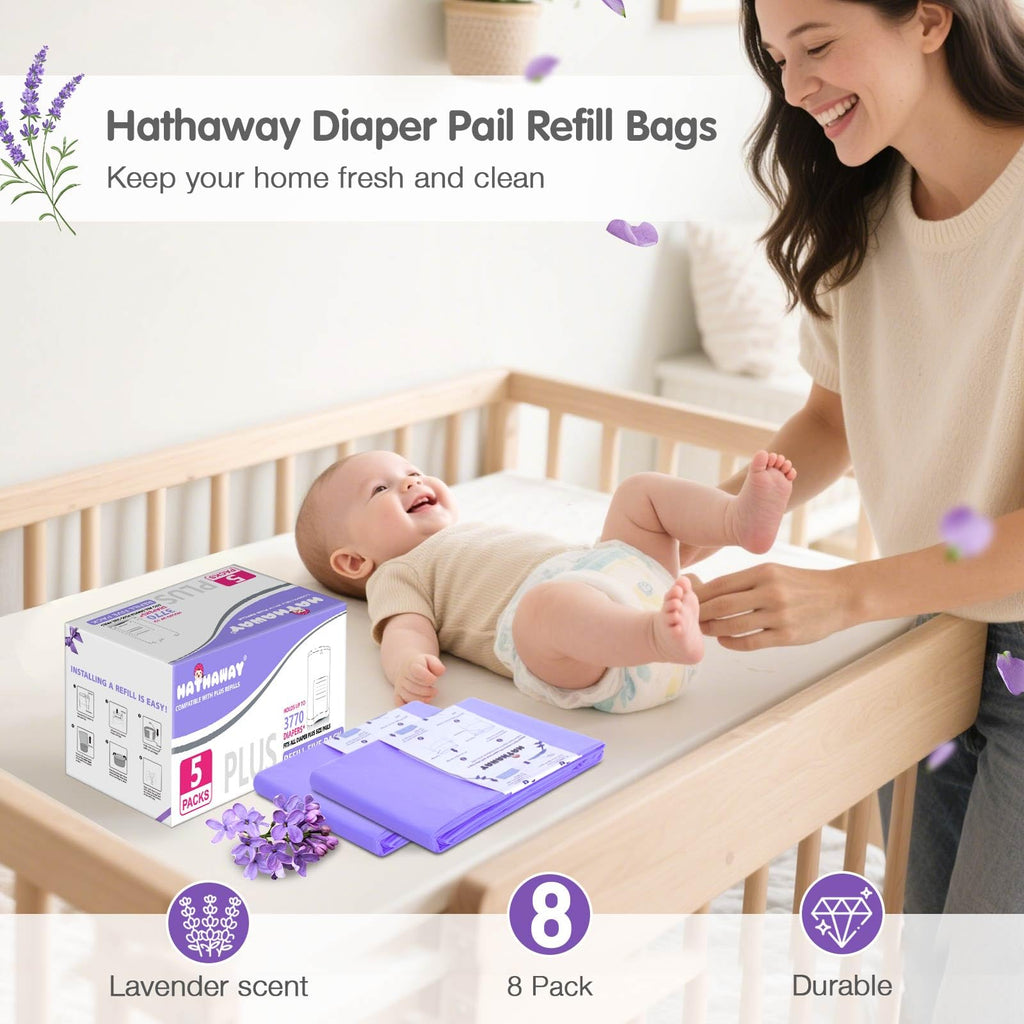 Diaper Pail Refill Bags Compatible With Dekor Plus Diaper Pail, Extra 30% Length, Lavender Scent, 5 Pack