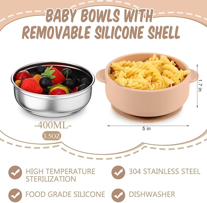 Yinder 15 Pack Silicone Baby Feeding Set Include Baby Bowls Spoons Forks Adjustable Bib Tiny Cups for Babies Toddlers Kids Self Feeding Eating Utensils Weaning Supplies(Brown/beige/gray)