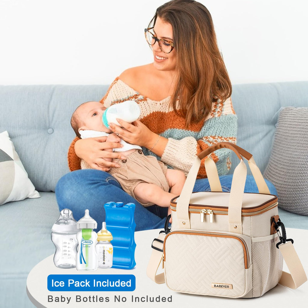 BABEYER Breastmilk Cooler Bag with Ice Pack Fits 6 Baby Bottles up to 9 Ounce, Breast Milk Pump Cooler Bag for Nursing Mom Daycare, Work, Travel-Cream
