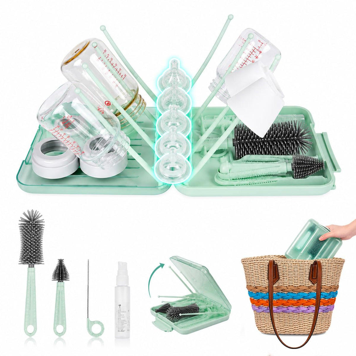 Travel Bottle Cleaner Kit, 6-in-1 Baby Bottle Brush Set with Silicone Brush
