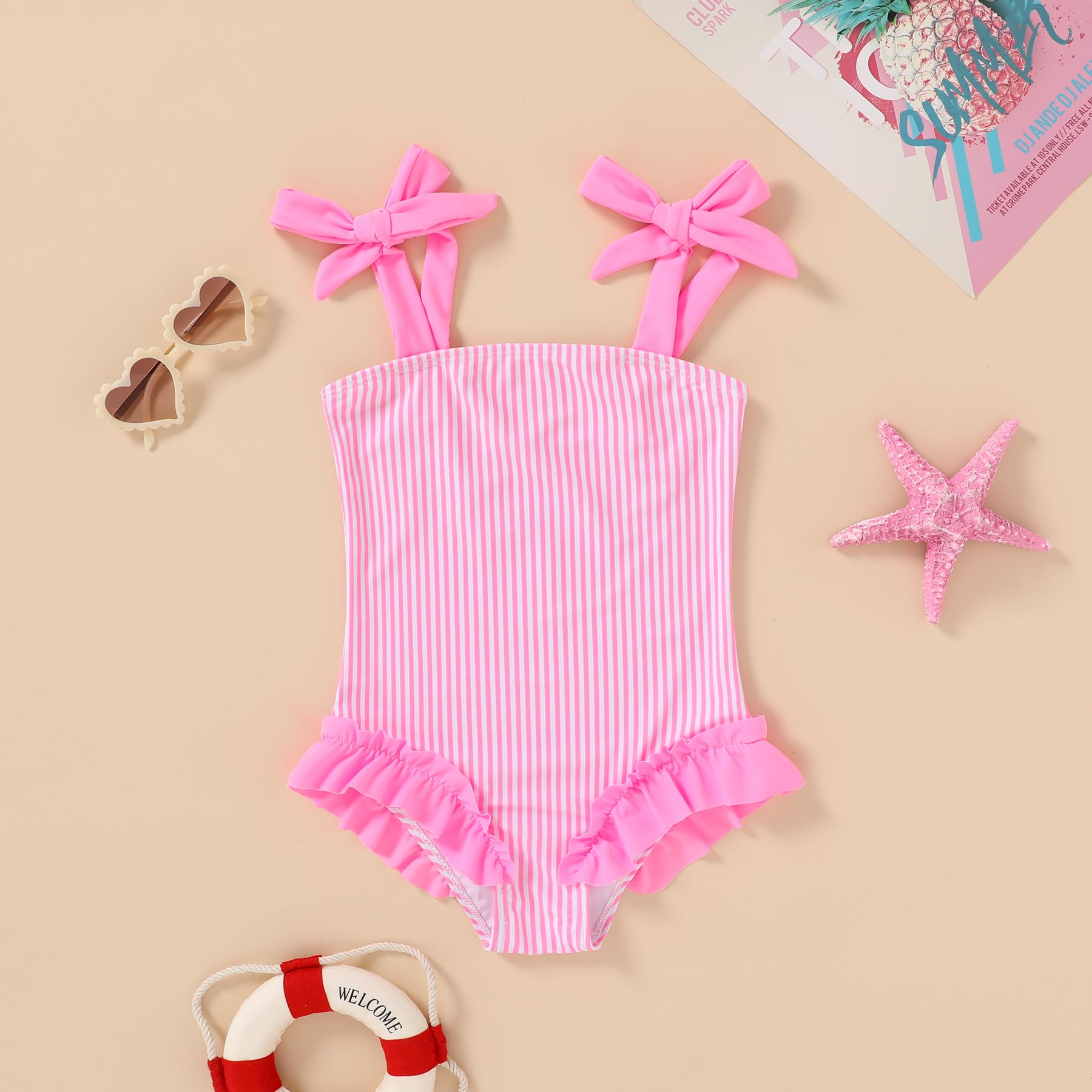 Happy Town Toddler Swimsuit Girl Solid Color Stripe One-Piece Baby Bathing Suits (Rose Red Stripe, 3-4 Years)