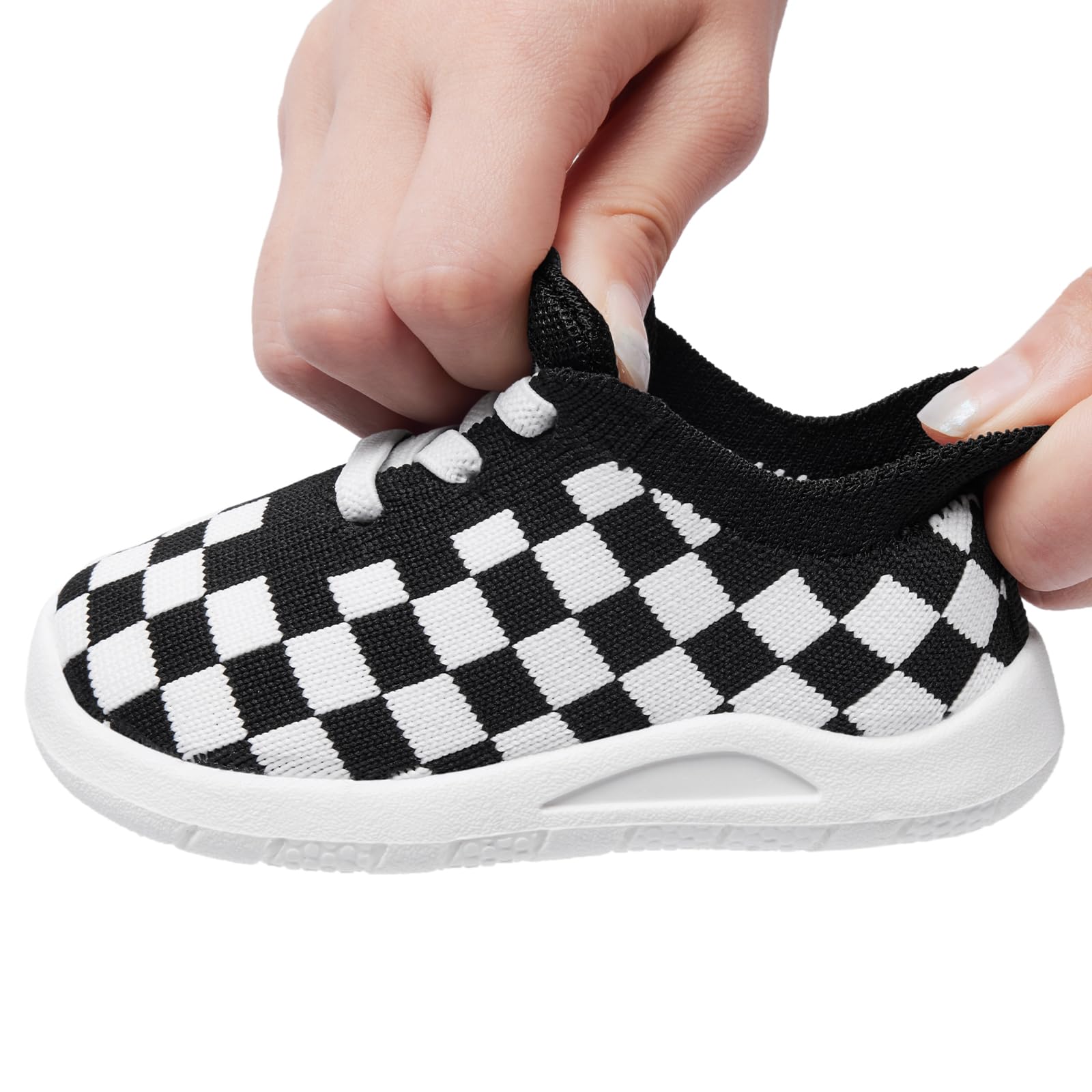 MORENDL Toddler Shoes Baby Walking Sock Shoes Infant Sneakers Boy Girl Barefoot Tennis Shoe Non-Slip Brethable Black Check 15-18 Months