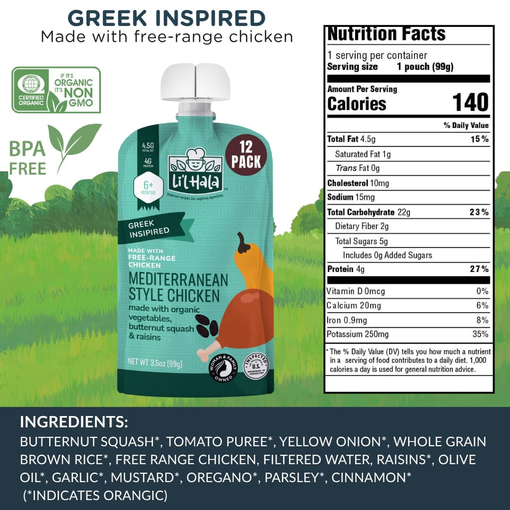 Li'l Hala Chicken Baby Food Pouches | Mediterranean Chicken with Organic Veggies, 4g Protein, Iron & Fiber | Savory Stage 2 Baby Food Meat Puree for 6+ Months | 3.5 oz, 12 Count