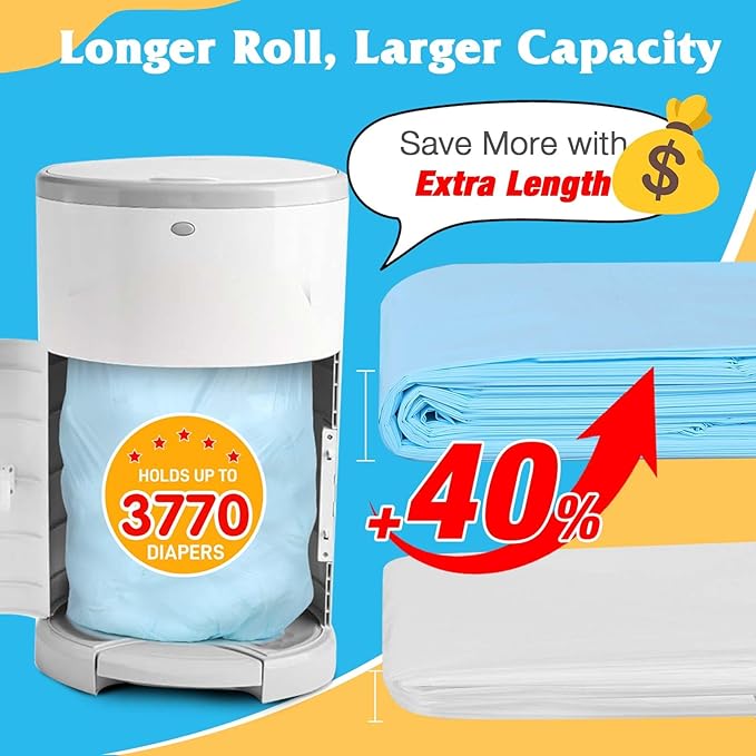 5 Pack Diaper Pail Refill Bags Compatible with Dekor Plus Diaper Pail, 40% Extra Length Refills Holds up to 3770 Diapers, Thickened Multi-layer Odor Control (Baby Scent)