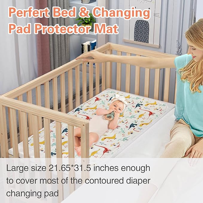 Baby Diaper Changing Pad, 21 5/8" x 31.5" Waterproof Changing Pad Liners 2Pack - Reusable Soft and Absorbent Portable Changing Mat(Dinosaur2PCS)
