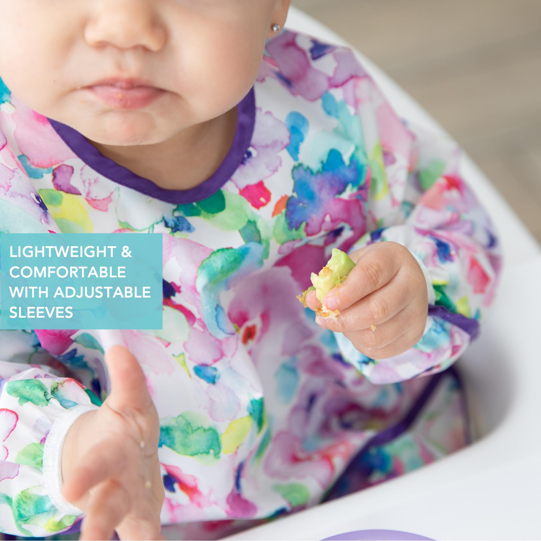 Bumkins Sleeved Bib for Girl or Boy, Baby and Toddler for 6-24 Mos, Essential Must Have for Eating, Feeding, Baby Led Weaning, Long Sleeve Mess Saving Food Catcher, Soft Fabric, Watercolors Floral