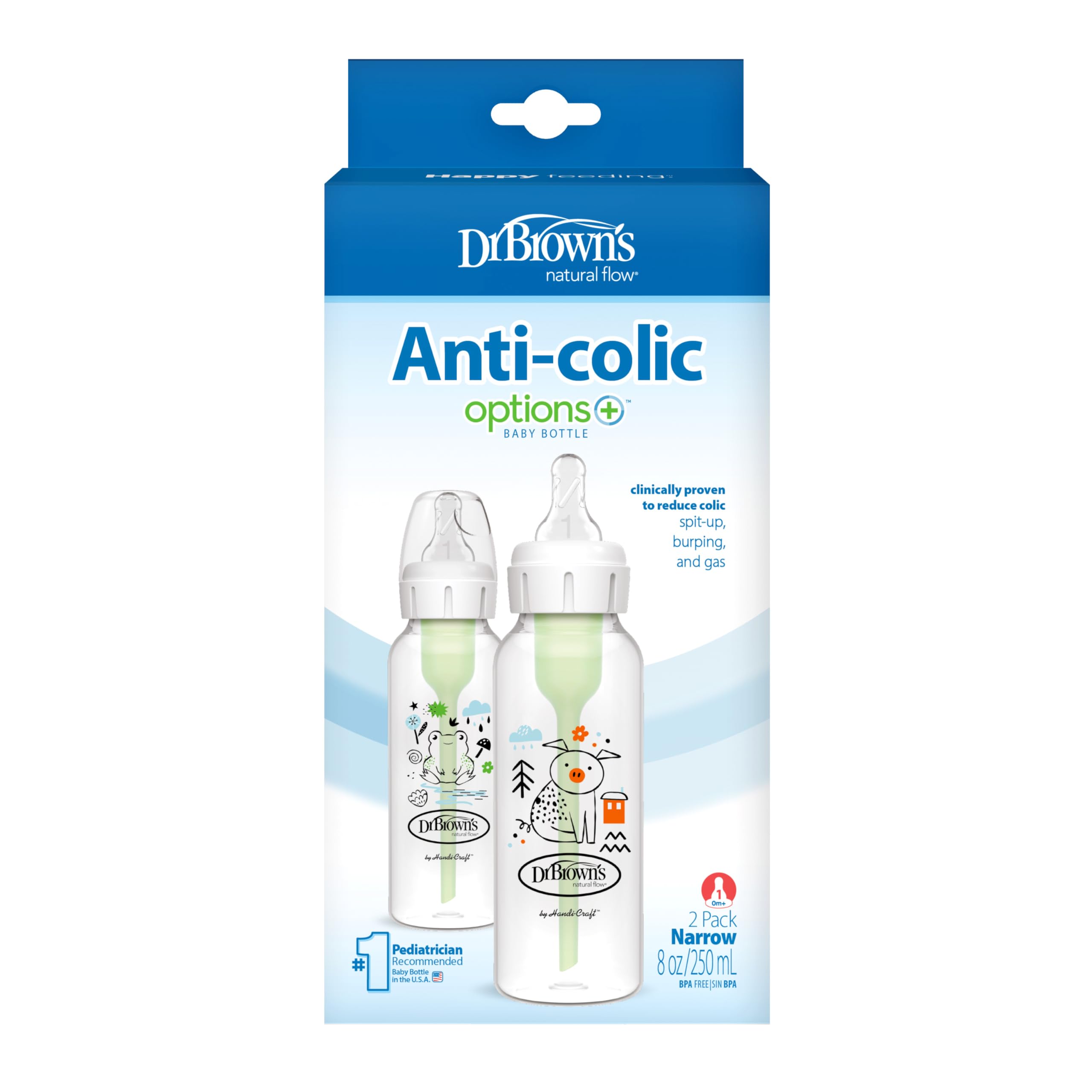 Dr. Brown's Anti-Colic Options+ Narrow Baby Bottle, Frog + Pig, 2-Pack