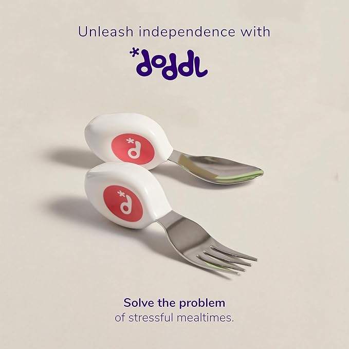 doddl Toddler Utensils, Ergonomic Fork and Spoon Set for Self Feeding, Stainless Steel Silverware for 1-3 Year Olds, BPA Free, Dishwasher Safe (Aqua (Triple Pack))