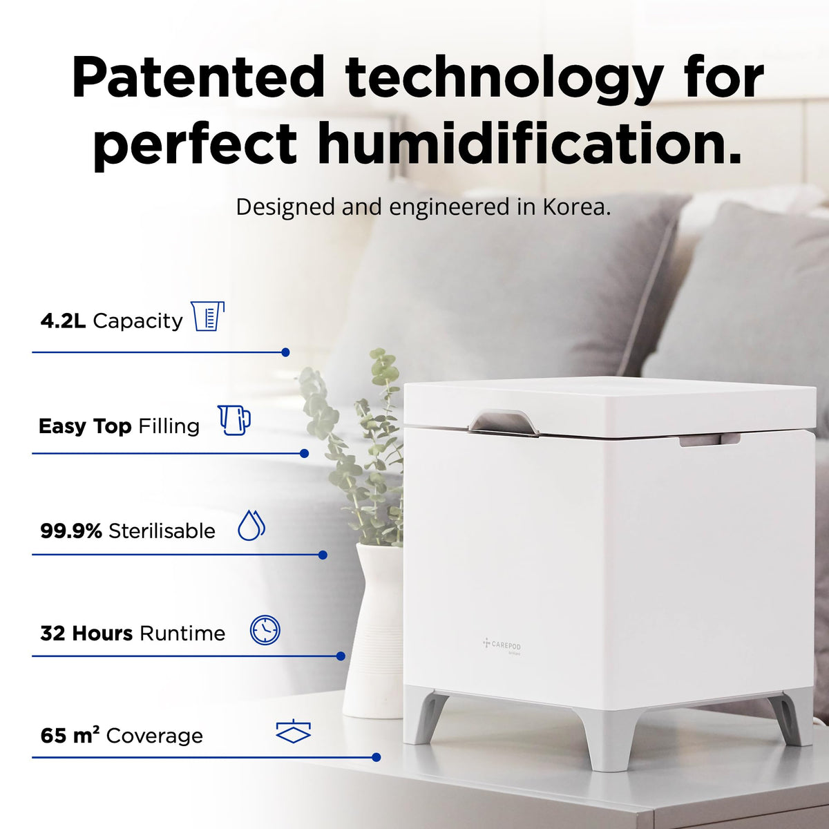 Carepod Cube Plus X50V Stainless Steel Humidifier - Easy to Clean, 3 Mist Level Settings, Auto-Humidity & Auto Shut-Off Feature, One Touch Built-in Sanitization, No Filters, Lasts 32Hrs (1.1Gal/4.2L)
