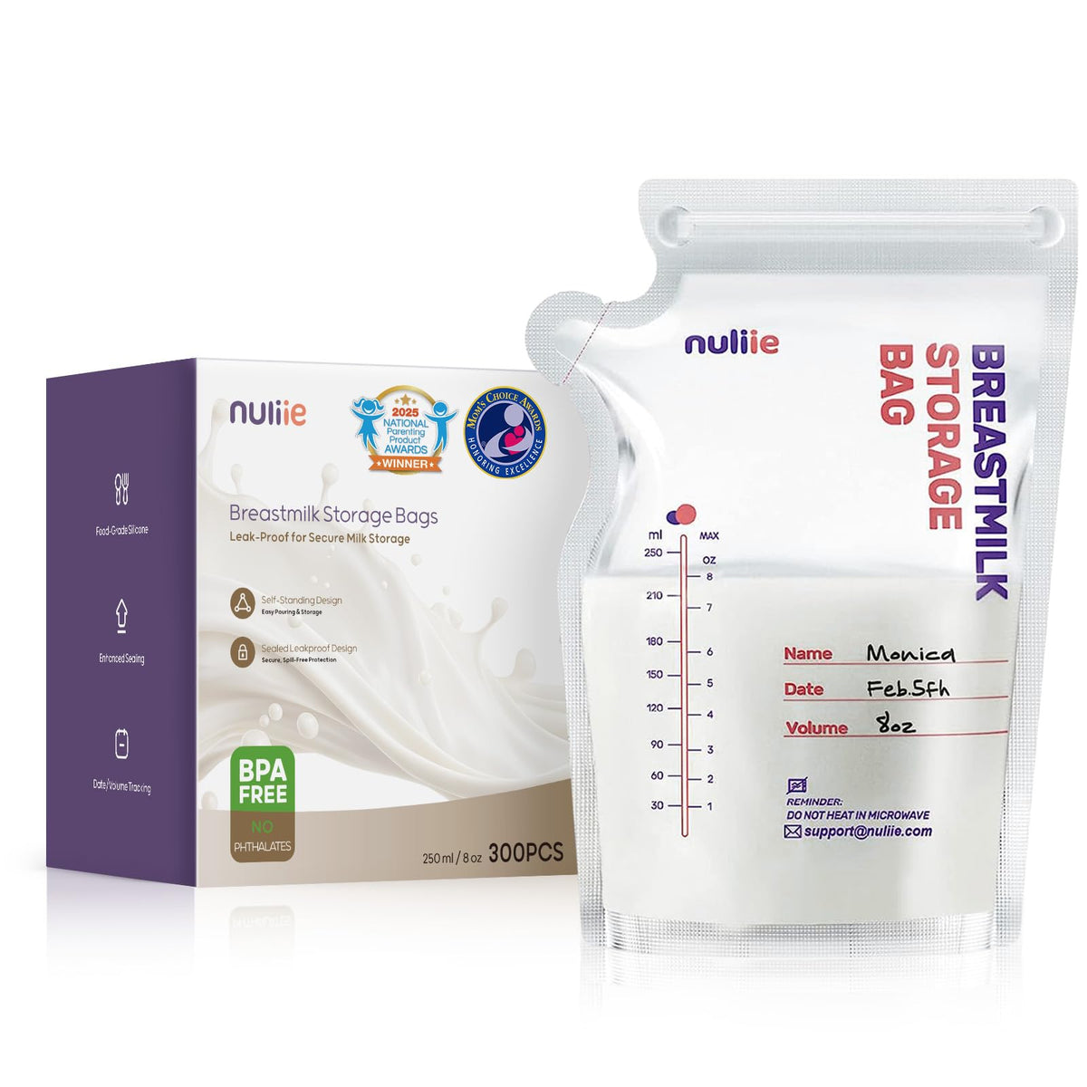 Nuliie 80 Pcs Breastmilk Storage Bags Freezer BPA-Free, Leakproof, 8oz