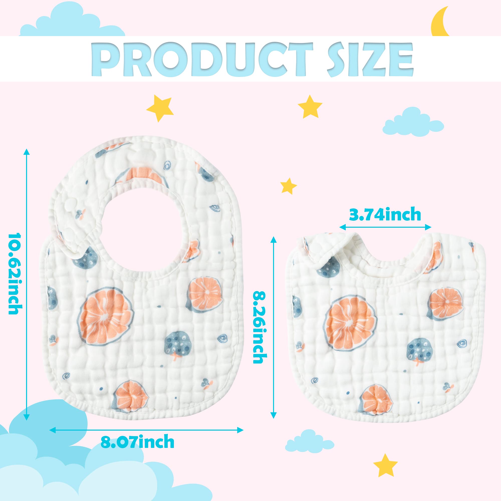Zainpe 6Pcs Snap Muslin Cotton Baby Bibs Summer Strawberry Lemon Pattern Infants Feeding Bib Adjustable Machine Washable Unisex Burp Cloths with 6 Absorbent & Soft Layers for Drooling and Teething