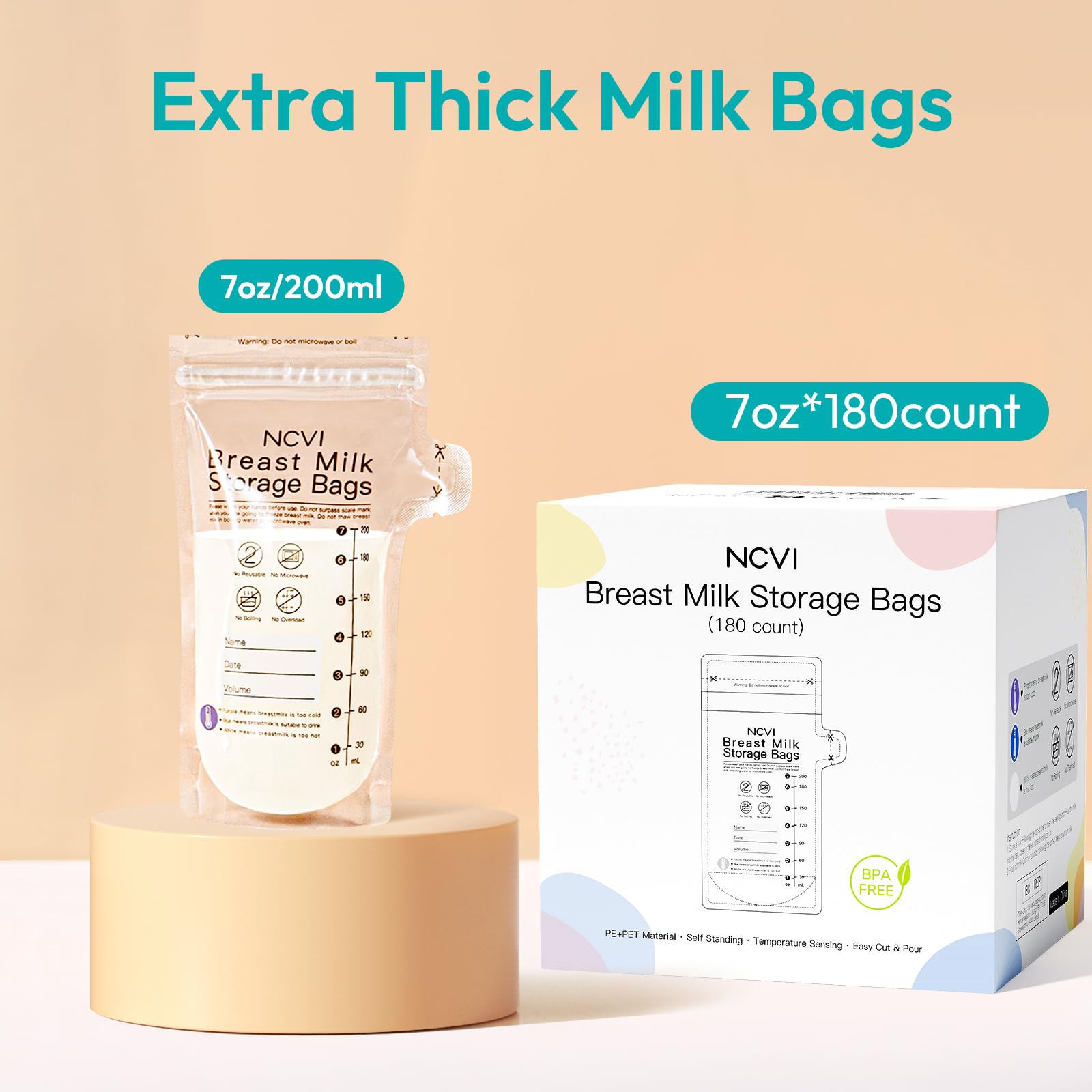 NCVI Breastmilk Storage Bags, 180 Count 7oz, Temp-Sensing, Double-Sealed