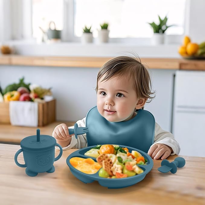 Baby Led Weaning Supplies, 17 Piece BPA-Free Silicone Feeding Set, Eating Essentials Baby Utensils with Suction Plate and Bowl, Pocket Bib, Sippy Cup with Lid, for 6+ Months, Blue