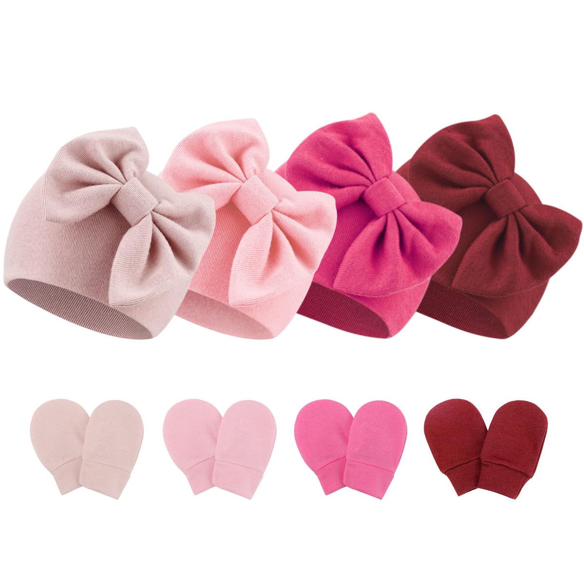 BQUBO Newborn Baby Hats Mittens Set Hospital Hat Beanie Infant Bow Hats Baby Cotton Gloves No Scratch Mittens for 0-6 Months