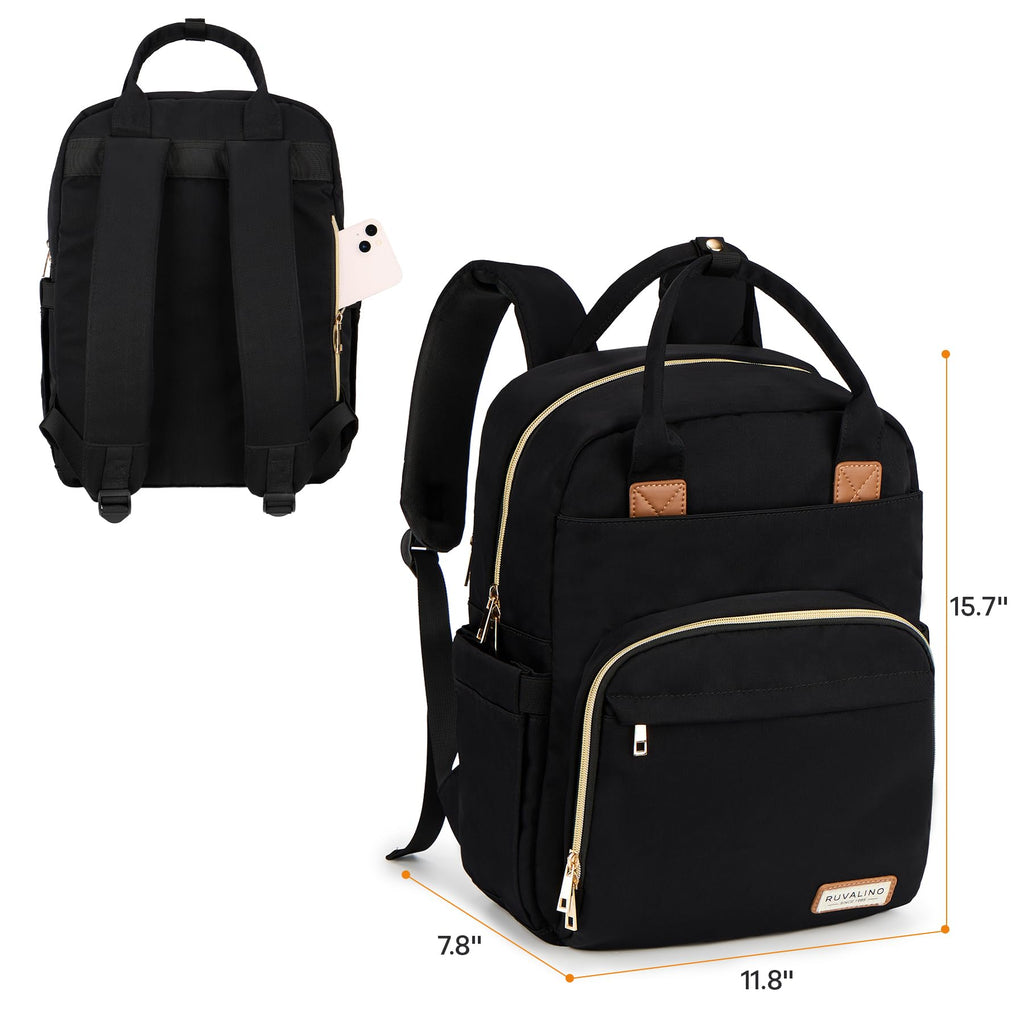 RUVALINO Diaper Bag Backpack, Multifunction Travel Pack Maternity Baby Changing Bags, Large Capacity, Waterproof, Deep Black, Polyester
