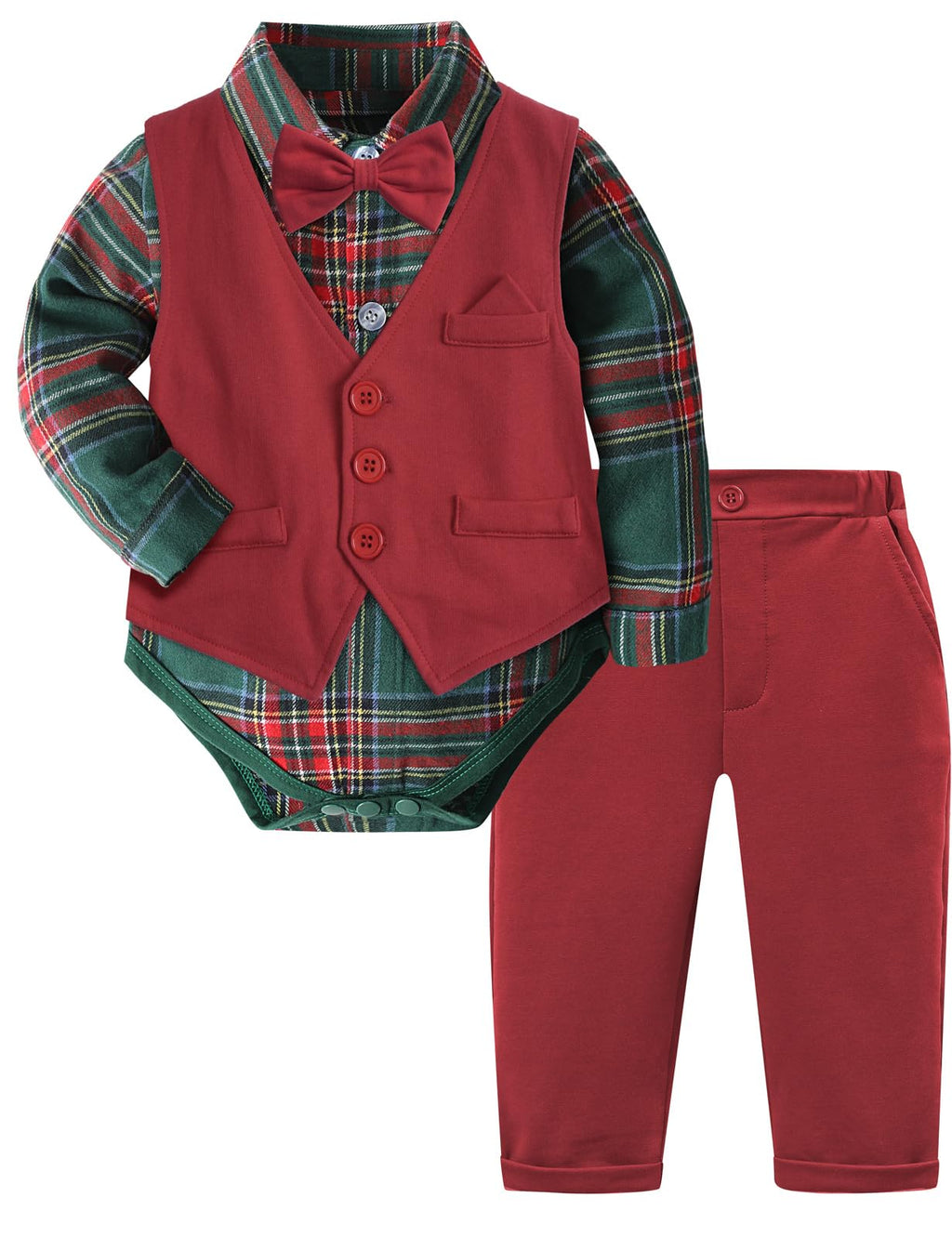 Baby Christmas Outfit Boy Infant Plaid Dress Suit Green and Red 9-12 Months