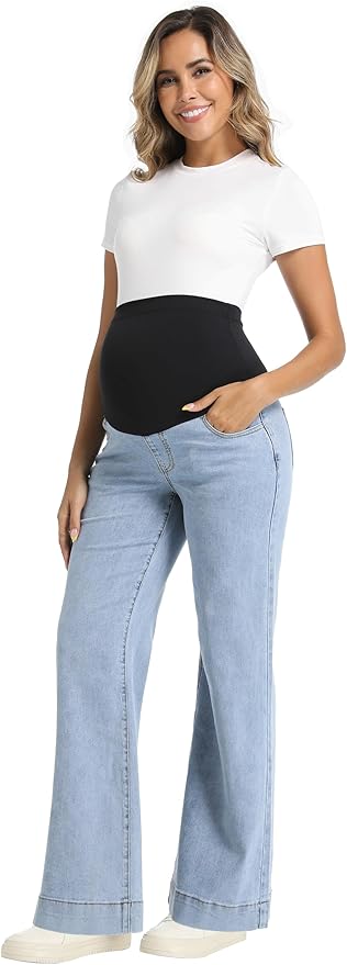Foucome Women's Maternity Jeans Wide Leg Trendy Comfy Stretchy Straight Leg Pregnancy Denim Pants