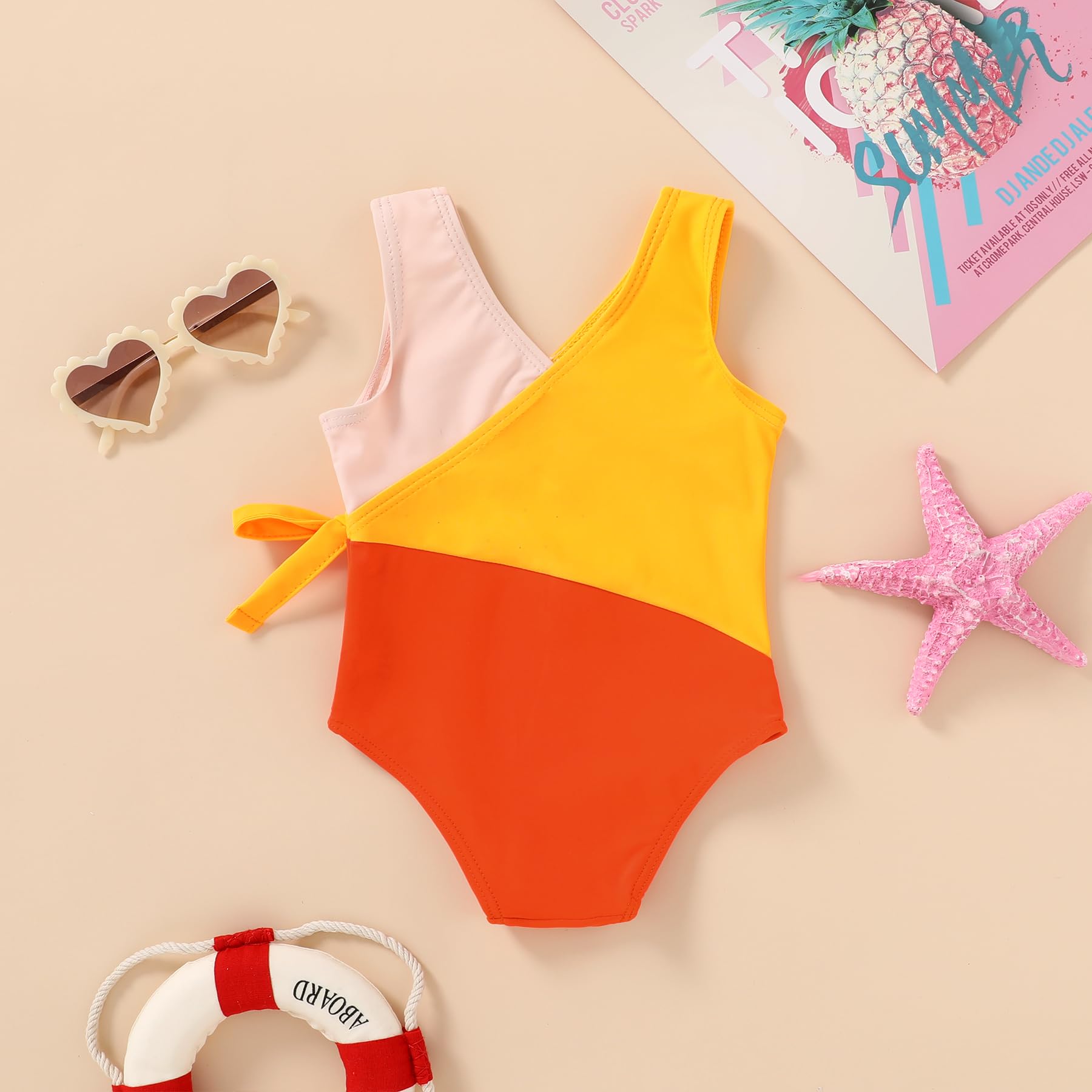 Happy Town Toddler Swimsuit Girl One Piece Bathing Suit Color Block Swimwear Baby Summer Beach Wear(6-7 Years,Yellow Orange)