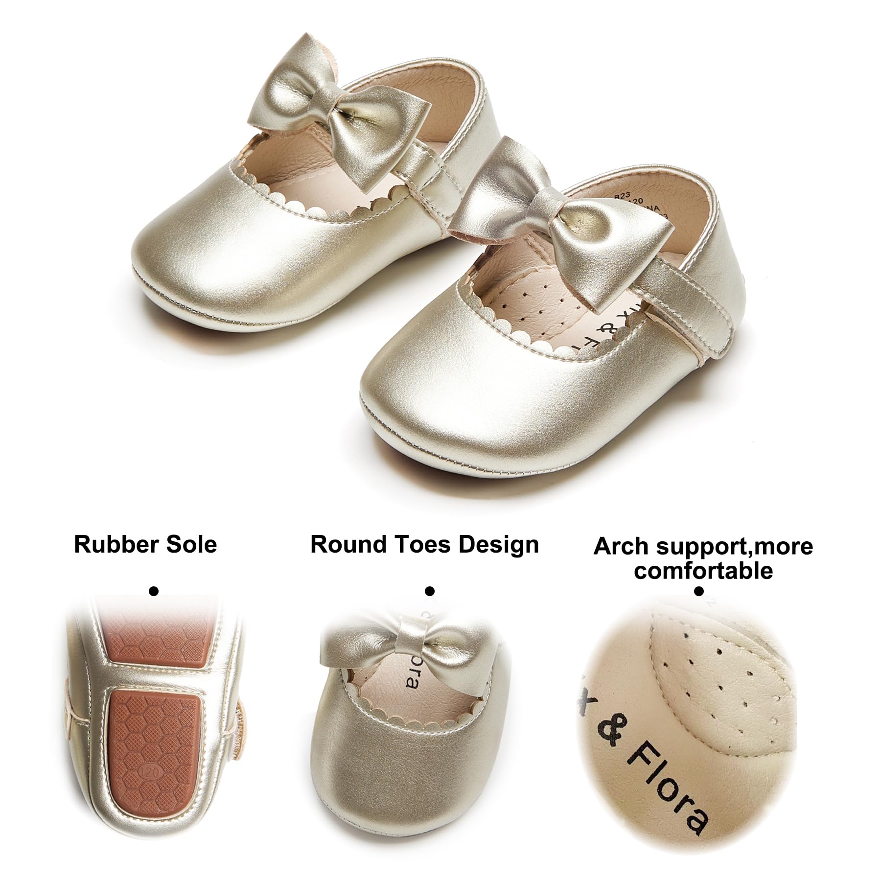 Felix & Flora Soft Sole Gold Baby Dress Shoes - Infant Baby Walking Shoes Moccasins Rubber Sole Crib Shoes(Gold,18-24 Months Infant)