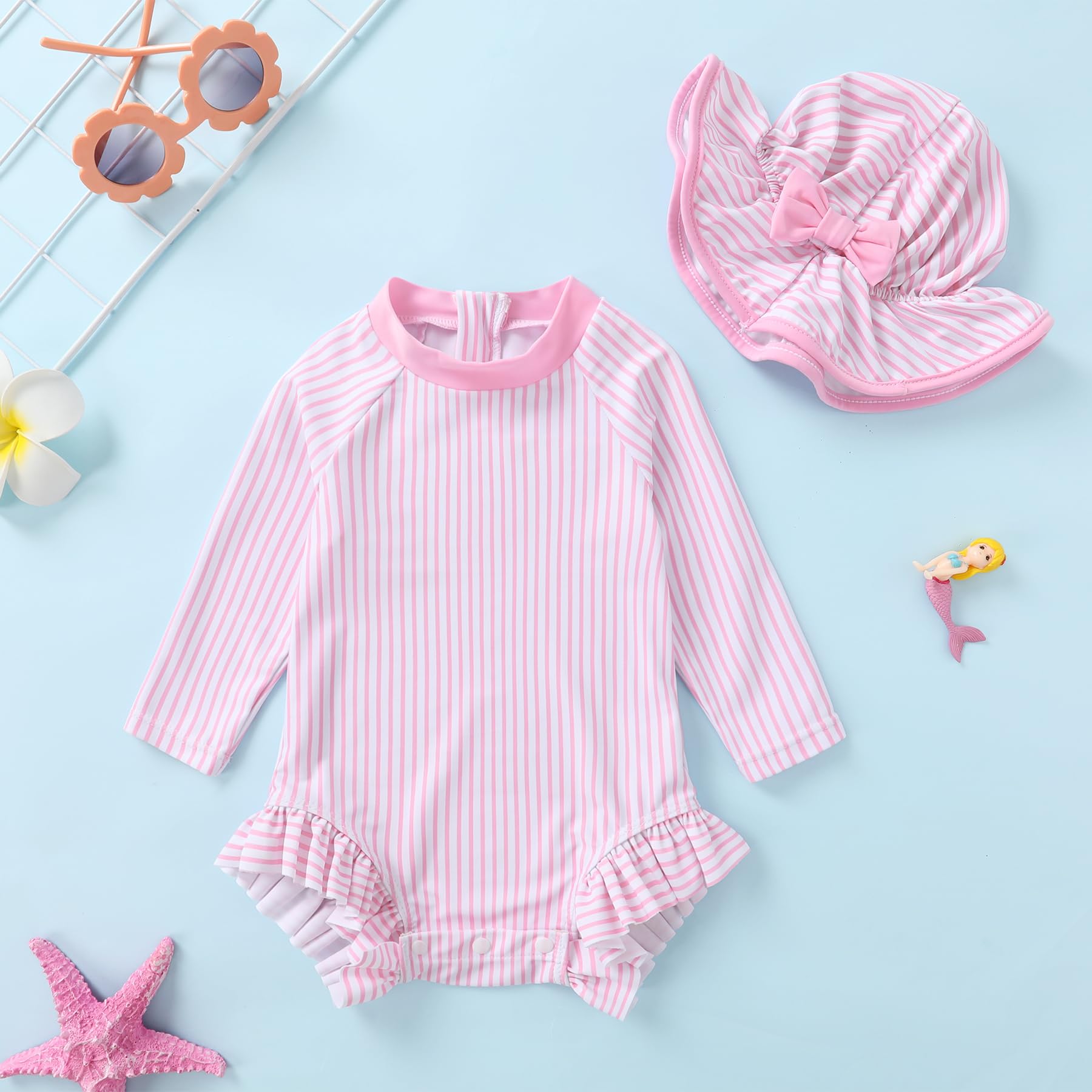Infant Baby Girl Swimsuit One-Piece Long Sleeve Rash Guard with Hat Set Floral Zipper Bathing Suit Leopard Beach Wear(Pink,3-6 Months)