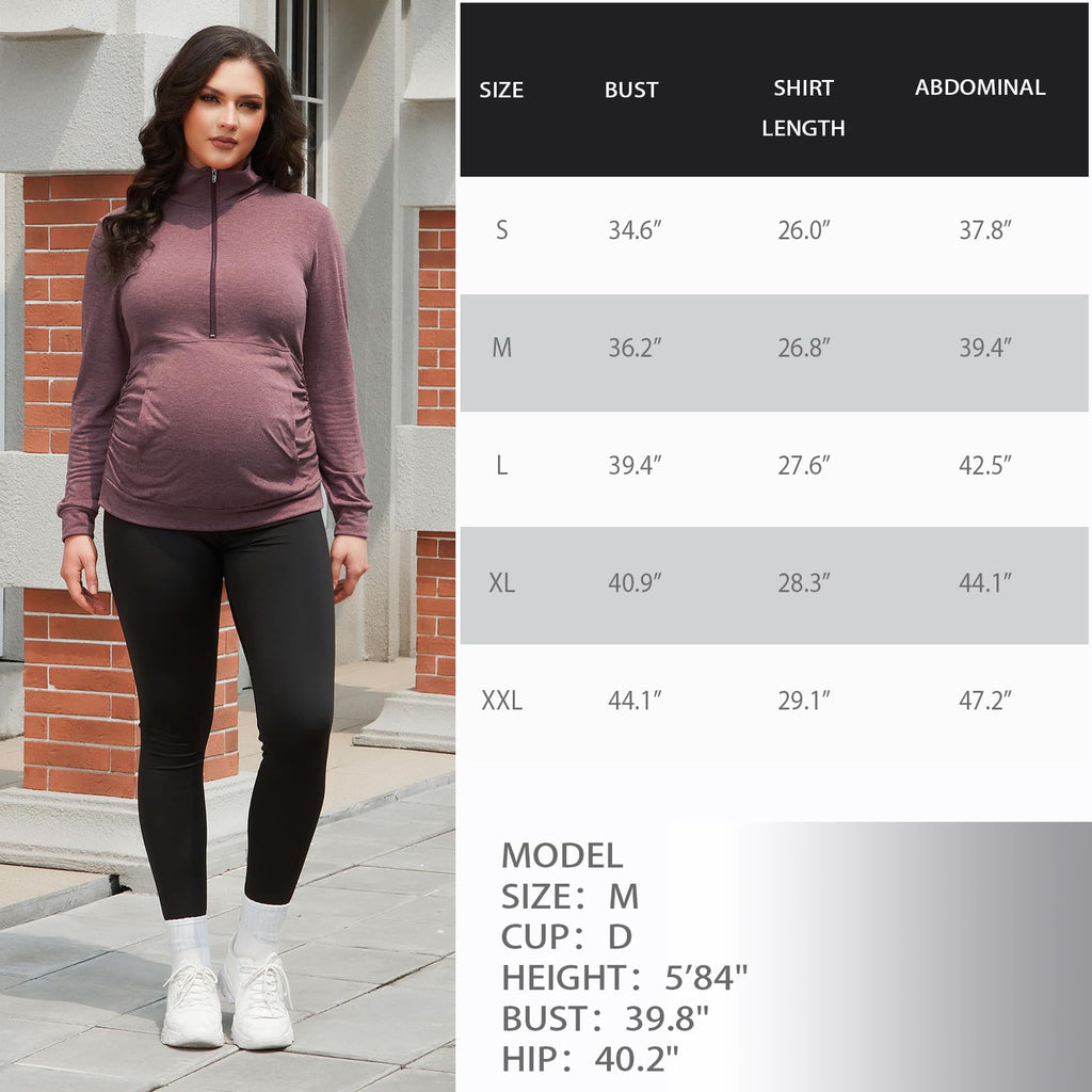 GINKANA Maternity Pullover Shirt Maternity Zipper Shirts Lapel Long Sleeve Casual Lightweight Pregnancy Tops with Pockets,Burgundy,XL