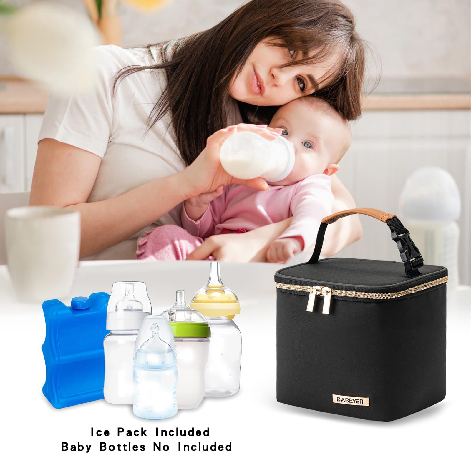 BABEYER Insulated Bottle Bag with Ice Pack Fits 4 Large Baby Bottles Up to 5 Ounce, Cooler Bag Great for Nursing Mom Daycare-Black