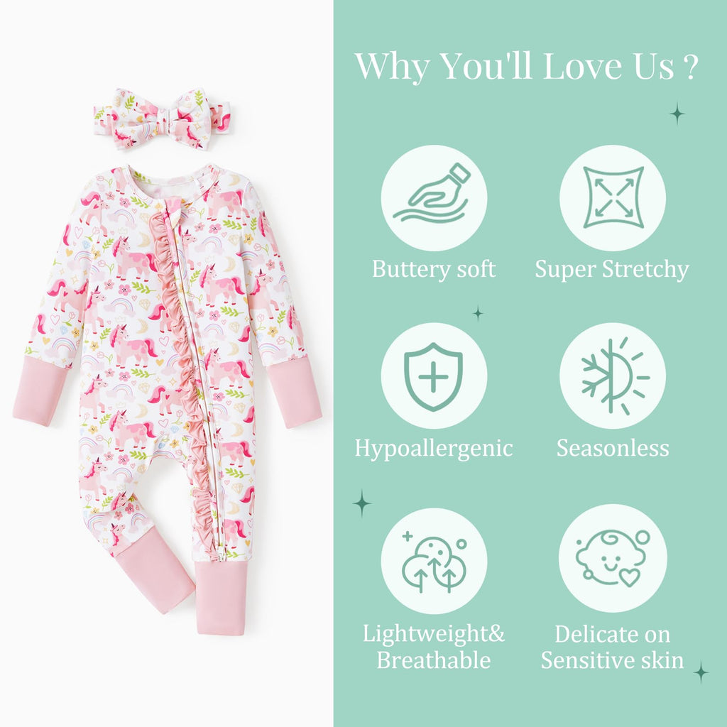 PATPAT Baby Girl Infant Clothes Footie – Soft Viscose from Bamboo, Stretch Feel – 2-Way Ruffled Zipper, Fold-Over Mittens & Cuffs Pink Unicorn 0-3 Months