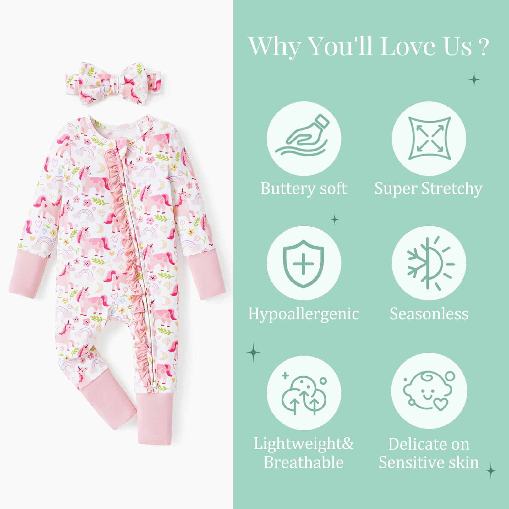 PATPAT Baby Girl Infant Clothes Footie – Soft Viscose from Bamboo, Stretch Feel – 2-Way Ruffled Zipper, Fold-Over Mittens & Cuffs Pink Unicorn 0-3 Months