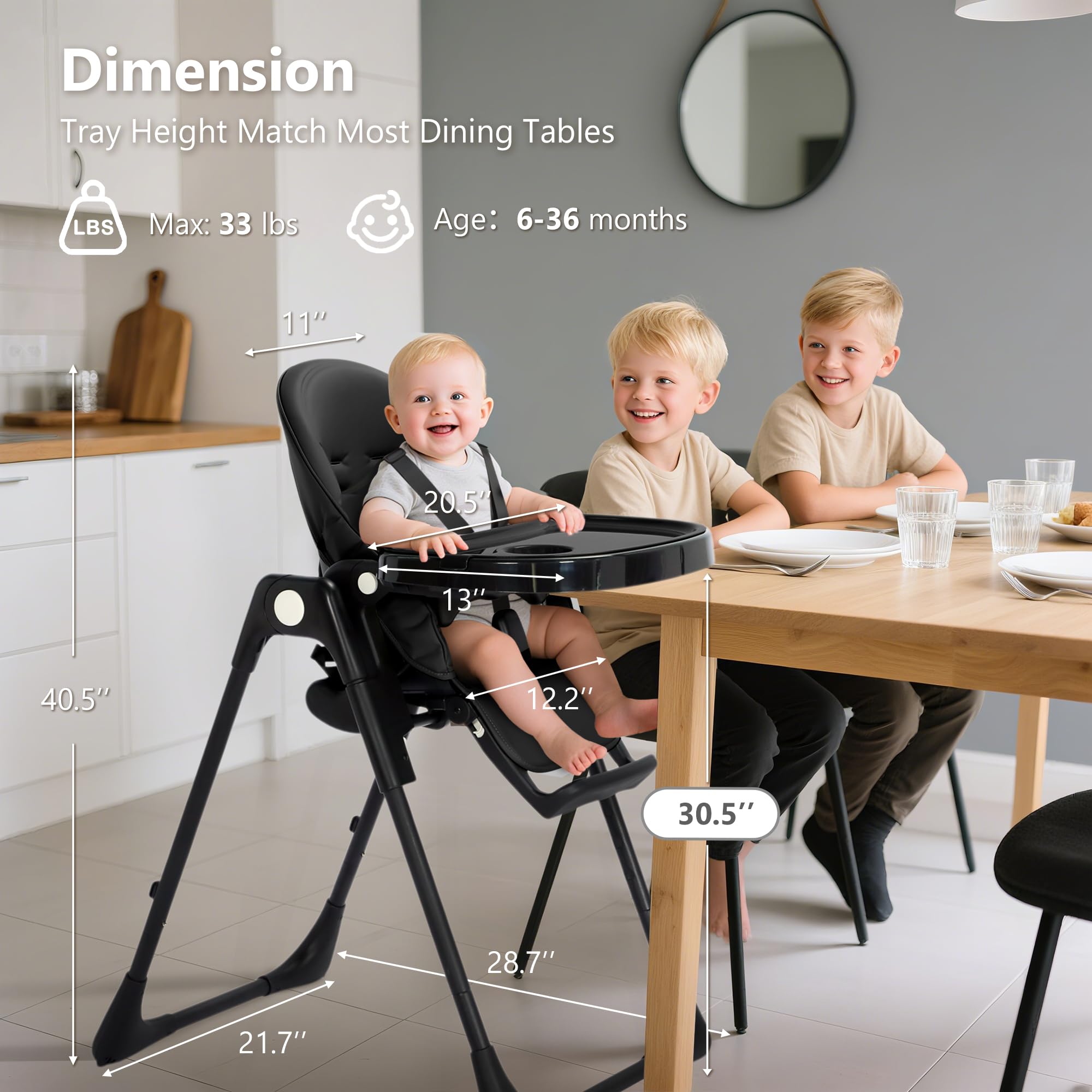 Kinder King Foldable High Chair for Babies and Toddlers, Reclining Seat