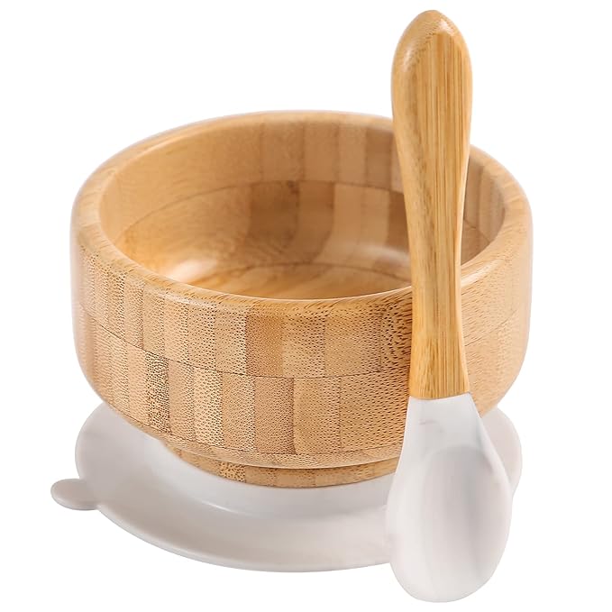 Baby Bamboo Bowls with Suction and Matching Spoon Set - 2PC Feeding Supplies Set for Infant, Toddlers - Detachable Silicone Suction Stay Put Base for Wooden Bowl - BPA Free （Marble）