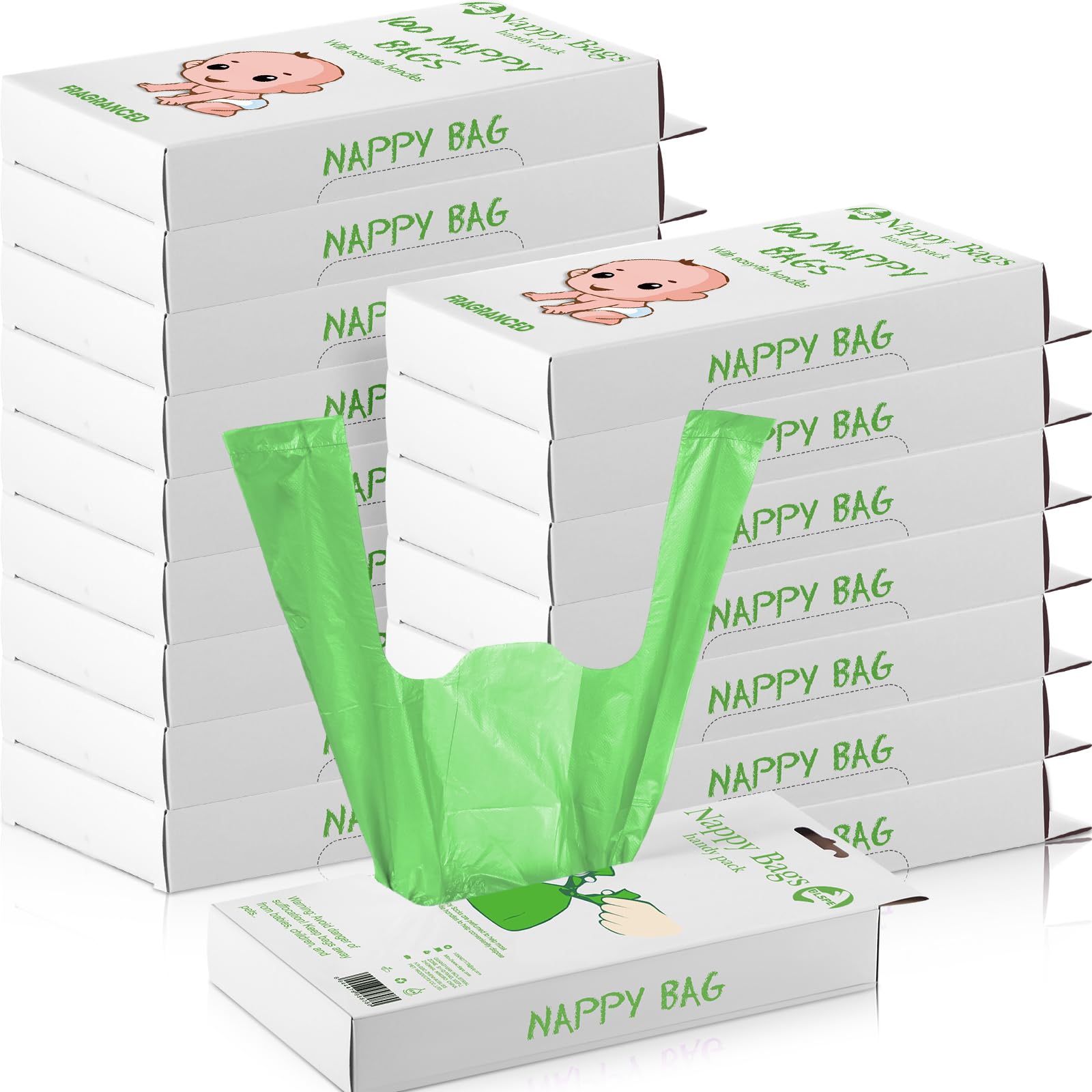 Honoson 1200 Count Baby Disposable Diaper Bags Scented Diaper Sacks with Tie Handle Disposal Baby Poop Trash Bags Waste Sacks Refill(Green)