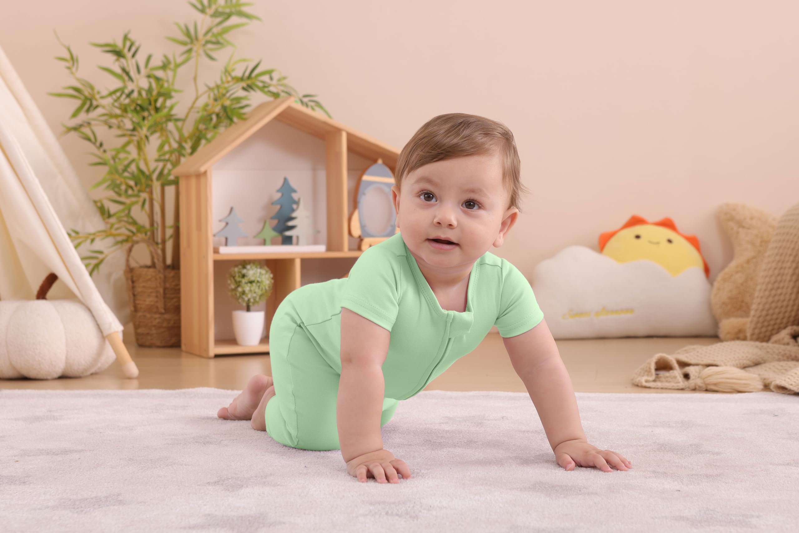 GUISBY Baby Cotton Footless Zipper Pajamas, Bright green+Green Grey, 18-24M
