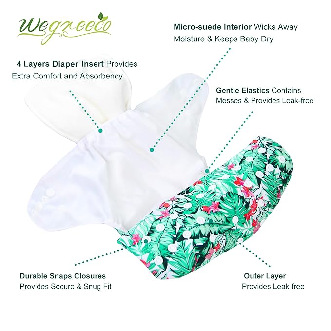 wegreeco Cloth Diapers 6 Pack with 6 Inserts & 1 Wet Bag, Washable Cloth Diapers for Babies, One Size Adjustable Reusable (Rainbow, Horse)