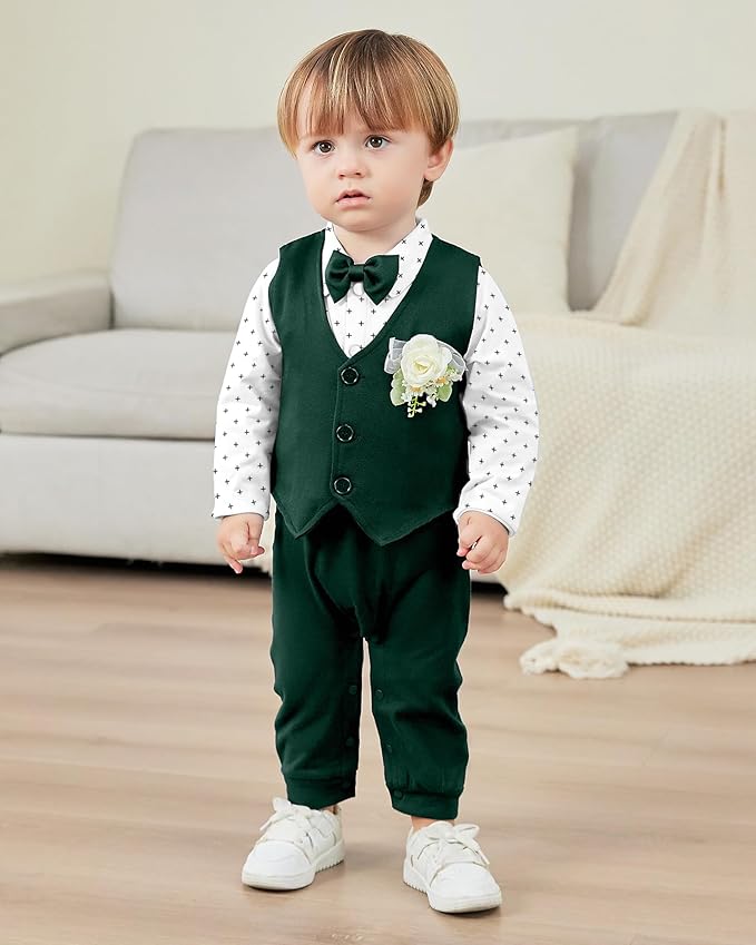Baby Boy Clothes Gentleman Baby Suit Long Sleeve Romper+Vest+Bow Tie+Corsage 4Pcs Boys Formal Jumpsuit