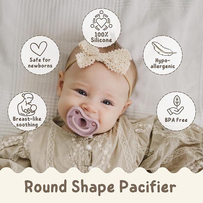 Mila & Lulu Round Silicone Pacifiers (Set of 2) – 100% Food-Grade, One-Piece Design, Soft Round Nipple, Doubles as Teether for Newborns and 0+ Months – Ballerina/Mauve