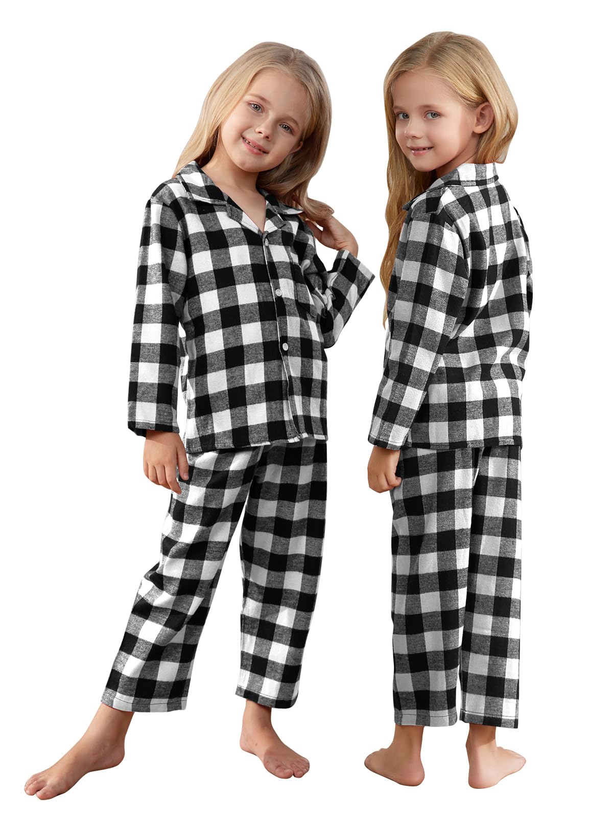 Schbbbta Kids Plaid Pajamas Set, Baby Toddler Little Boy's Girl's 2-Piece Button Down Sleepwear Pjs, Black White, 5-6 Years = Tag 130