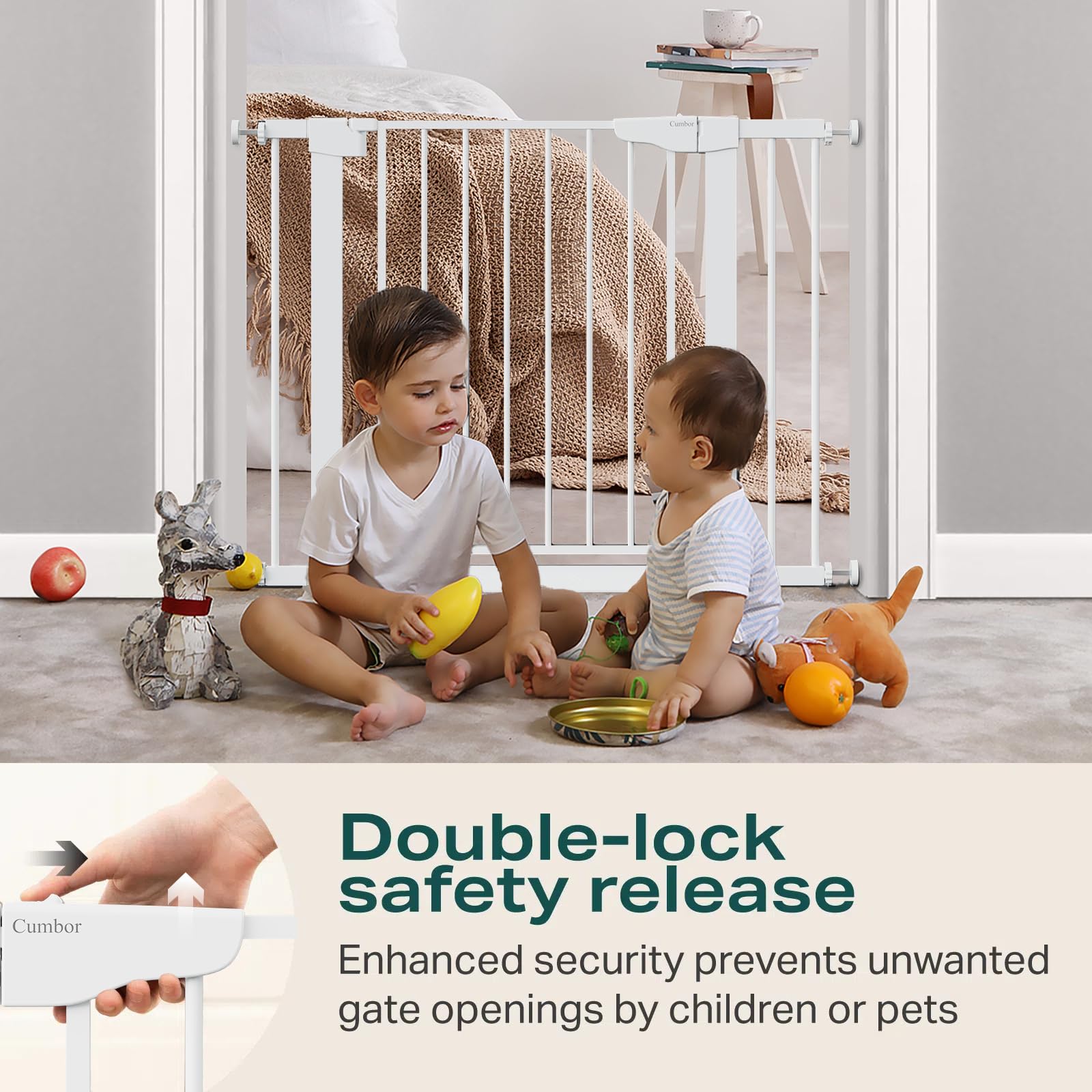 Cumbor 29.7-40.6" Baby Gate for Stairs, Mom's Choice Awards Winner-Dog Gate for Doorways, Pressure Mounted Auto-Close Pet Gates for Dogs Indoor, Safety Child Gate with Easy Walk Thru Door, White