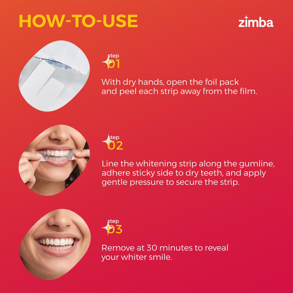 Zimba Teeth Whitening Strips Vegan Whitening Strip Enamel Safe Teeth Whitening Hydrogen Peroxide Teeth Whitener for Coffee, Wine, and Other Stains, 28 Strips (14 Day Treatment), Peach