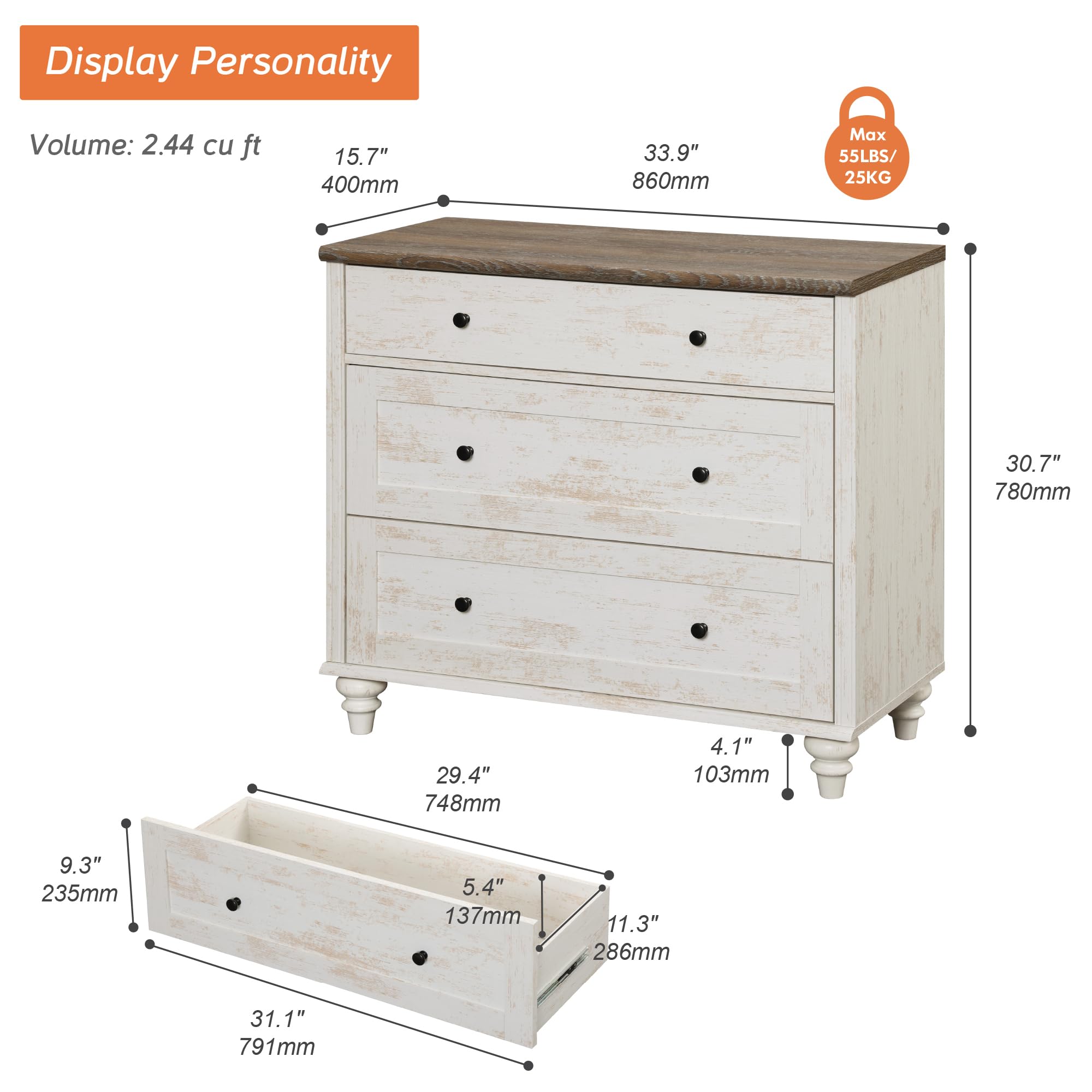 WAMPAT Baby Dresser for Bedroom with 3 Drawers, Kids Dressers with Wide Chest of Drawers, Farmhouse Wooden Closet Storage Organizer, Small Dressers for Living Room, Nursery, Hallway, Rustic White
