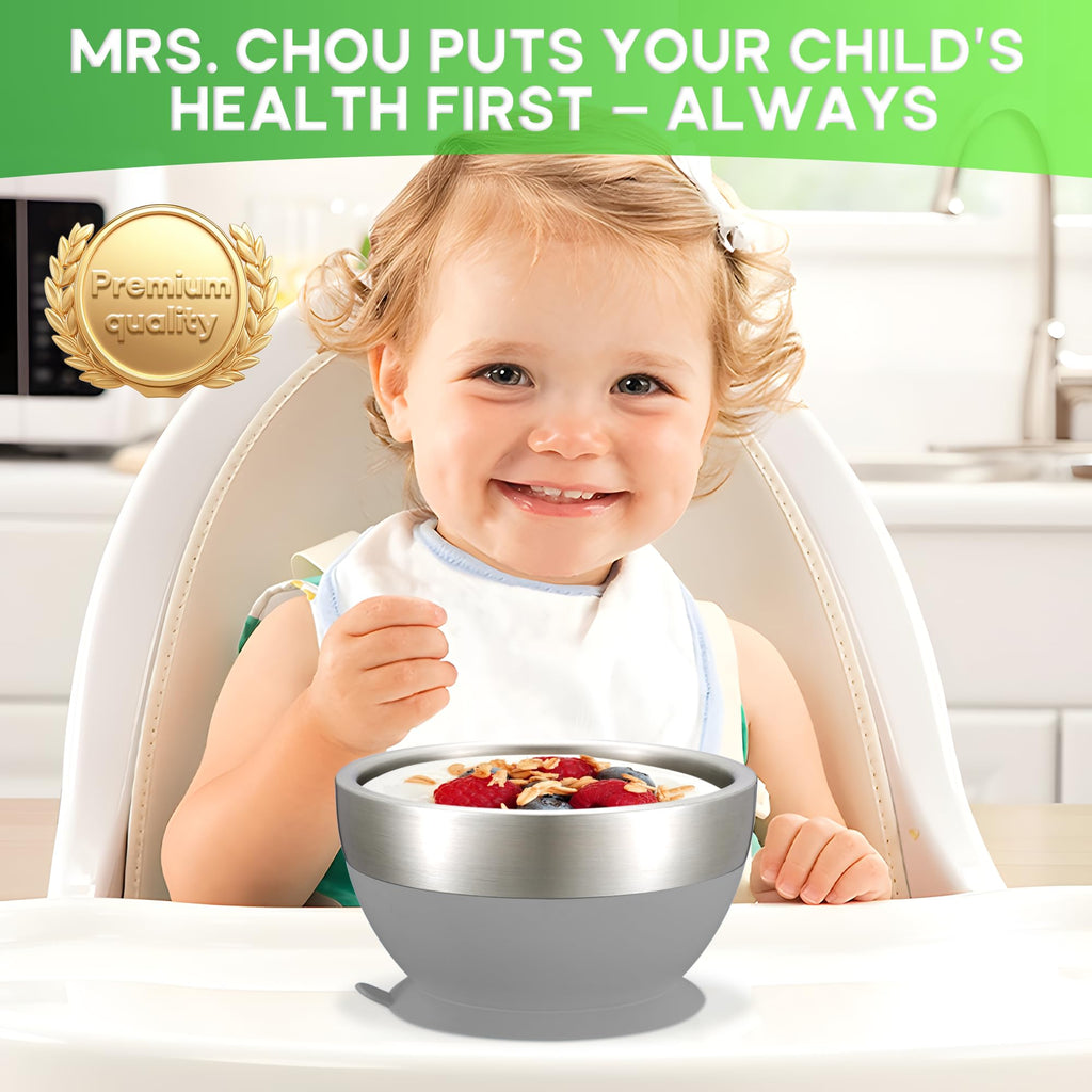 Mrs. Chou Suction Bowl and Spoon Set for Babies and Toddlers Non-Slip Silicone Suction Cups, Advanced 304 Stainless Steel Bowls, Double-Layer Insulation, and BPA-Free Lids Food-Grade Safety