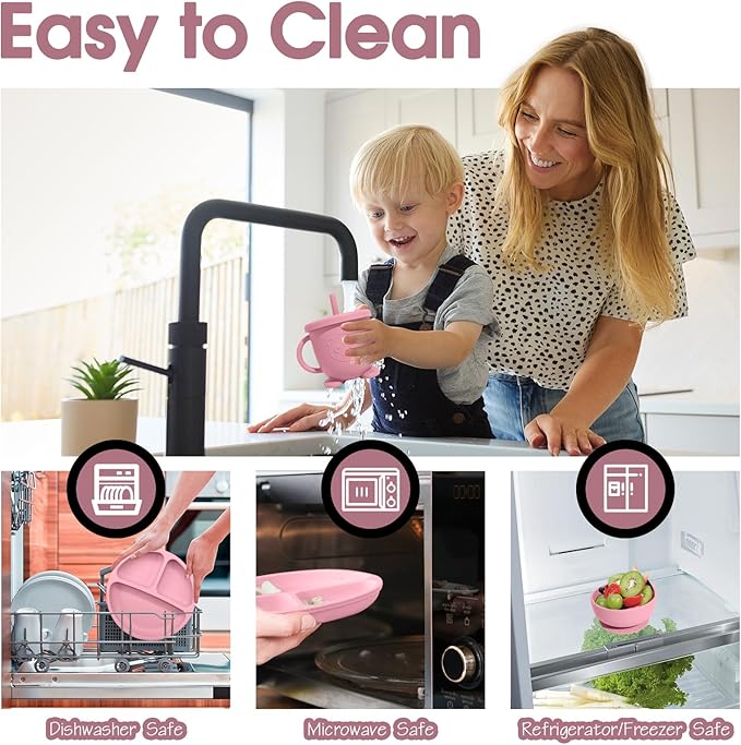 Baby Led Weaning Supplies, 8 Piece BPA-Free Silicone Feeding Set, Silicone Suction Bowl, Forks & Spoons, Bib & Cup, Develops Self Feeding Skills, Dishwasher Safe, for 6+ Months (Pink)