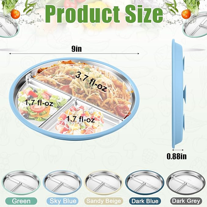 BUSOHA 2 Pack Stainless Steel Kids Plate with Suction - 9” Divided Toddler Baby Plates with Silicone Sleeves Non-Slip 2-in-1 Anti Breakage Metal Toddler Bowls Microwave Dishwasher Safe