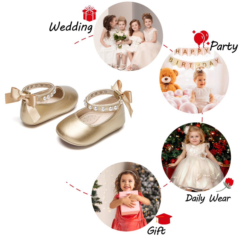 PHIRAMIN Baby Girls Gold Mary Jane Flats - Infant 9-12 Months Walking Shoes Soft Rubber Sole Princess Wedding