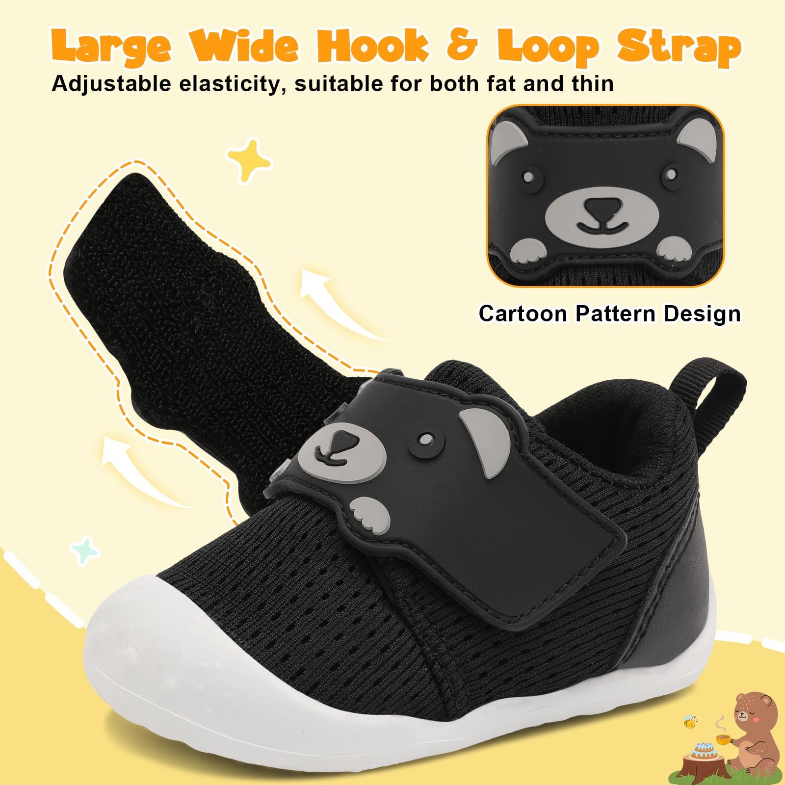 FEETCITY Infant Shoes Boys Girls Wide Baby Walking Shoes Newborn Crib Shoe Baby Slip On Shoe Breathable Toddler Sneakers Bear 2-2.5 Years Black