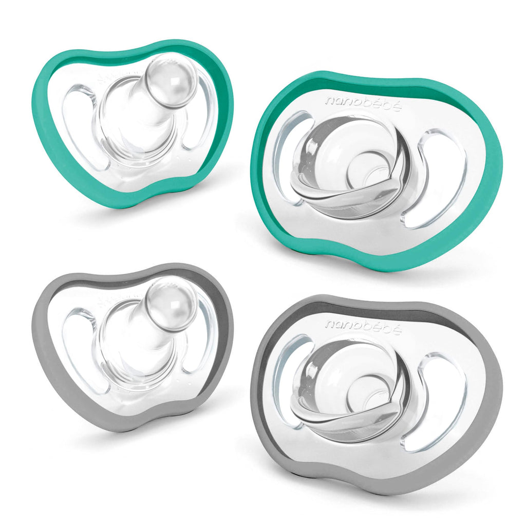 Nanobebe Active Baby Pacifiers 4-36 Months - Orthodontic, Lightweight and Vented, Curves Comfortably with Face Contour, 100% Silicone - BPA Free, Perfect Baby Registry Gift 4pk, Teal/Grey