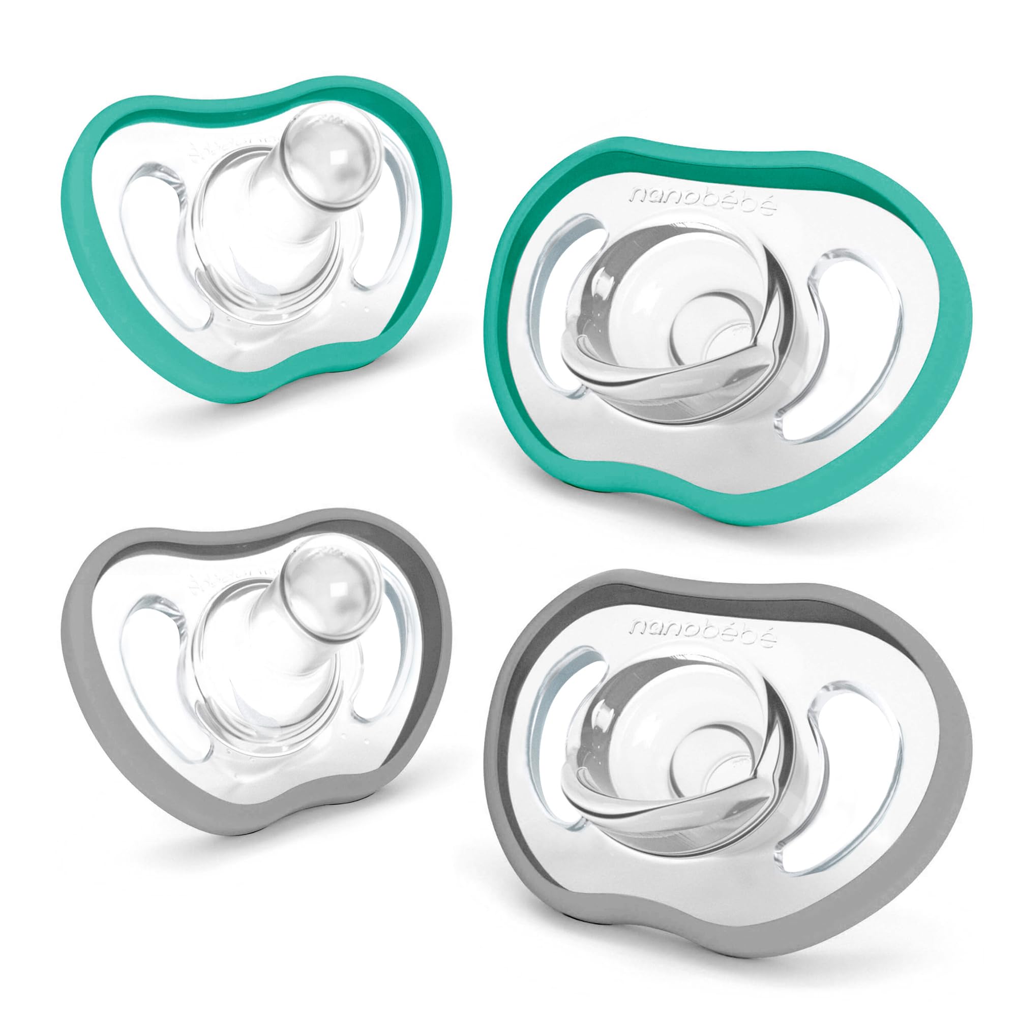 Nanobebe Active Baby Pacifiers 4-36 Months - Orthodontic, Lightweight and Vented, Curves Comfortably with Face Contour, 100% Silicone - BPA Free, Perfect Baby Registry Gift 4pk, Teal/Grey